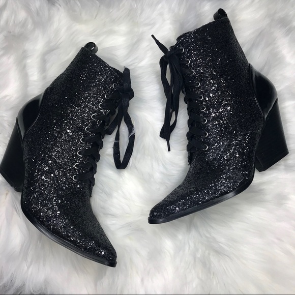 Black Glitter Pointed Toe lace up Ankle Boot 🖤 - Picture 5 of 8